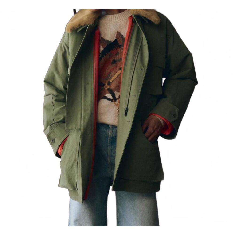 NEW THE GREAT. reversible quilted liner parka jacket in army & hot orange